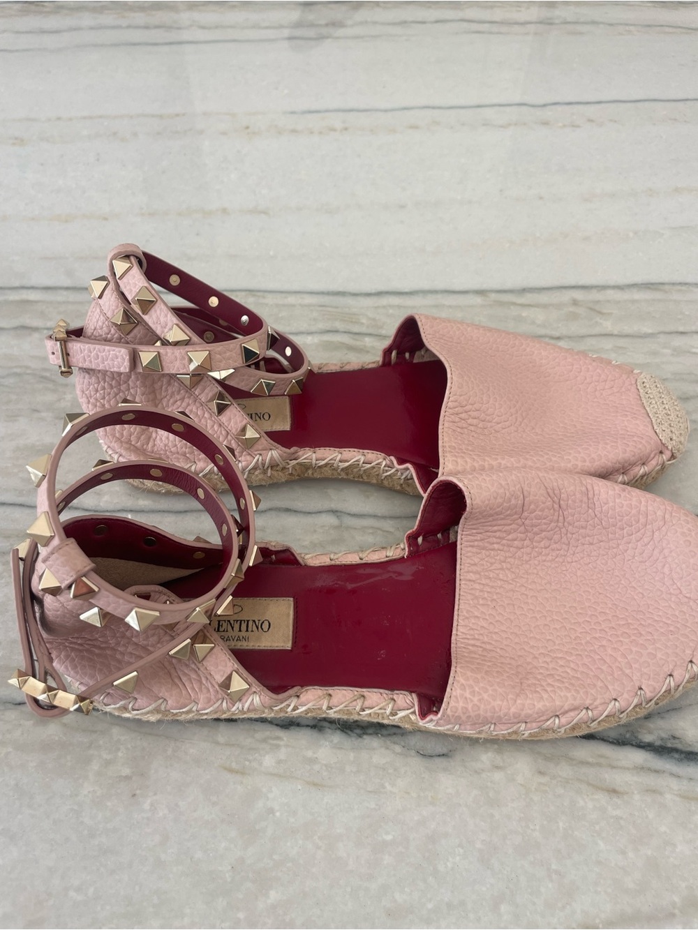 Valentino Pink Studded Ankle-Strap Espadrille Flats